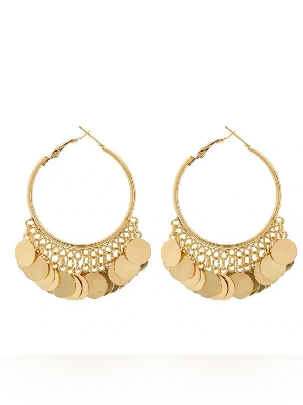 ***Vintage-inspired Gold Coin Fringe Hoop Earrings - Women Jewelry